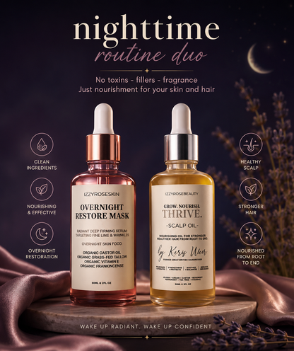 Nighttime routine for scalp, hair + skin.  Replace your 20 products with two that actually work